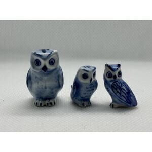 VTG Lot of 3 Miniature Ceramic Owls Retro Kitchsy Delft Blue 1 1/2"-1"